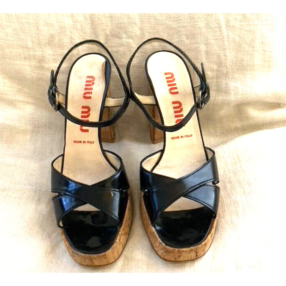 Miu Miu Black Patent Leather & Cork Heels, Vintage early 2000's VG! - Picture 2 of 16